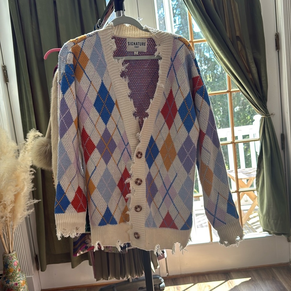 Super cool oversized Colorful Argyle Cardigan Sweater